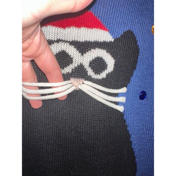 Carolyn Taylor Ugly Christmas Sweater Small Navy Cat Santa Beaded Festive Y2K - Picture 7 of 14